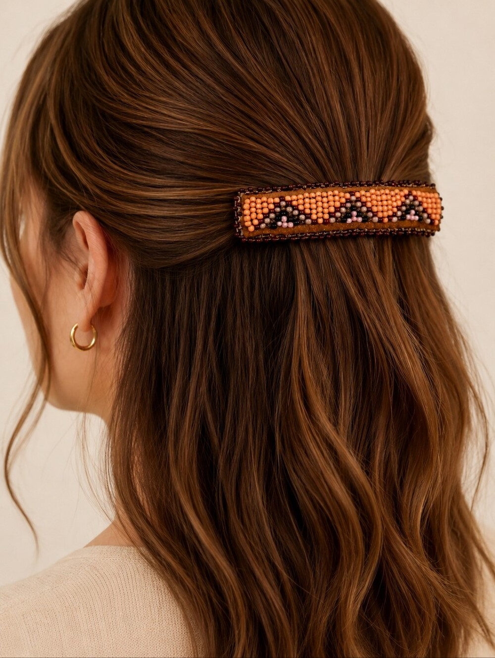 HANDMADE Pink Leather Navajo Design Seed Beaded Barrette